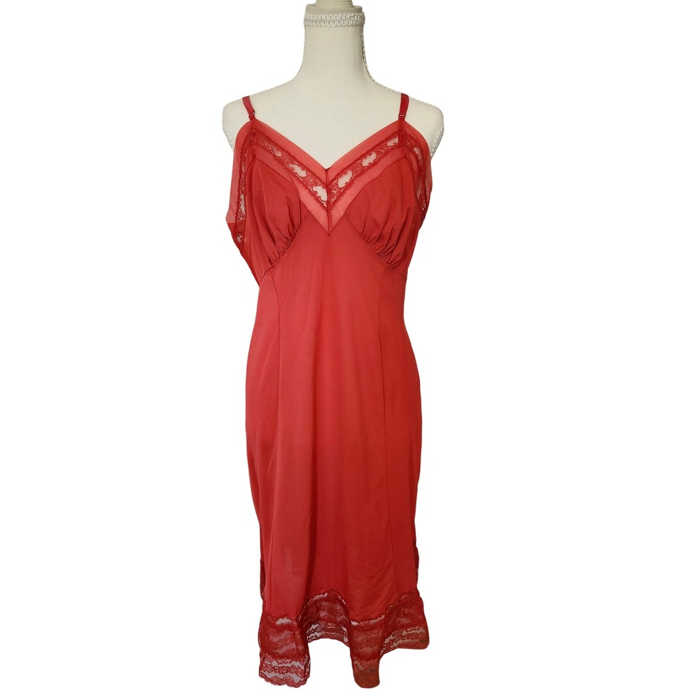 Vintage Seamprufe Red Nylon Full Slip Lace Trim 1950s 60s Rockabilly M/L